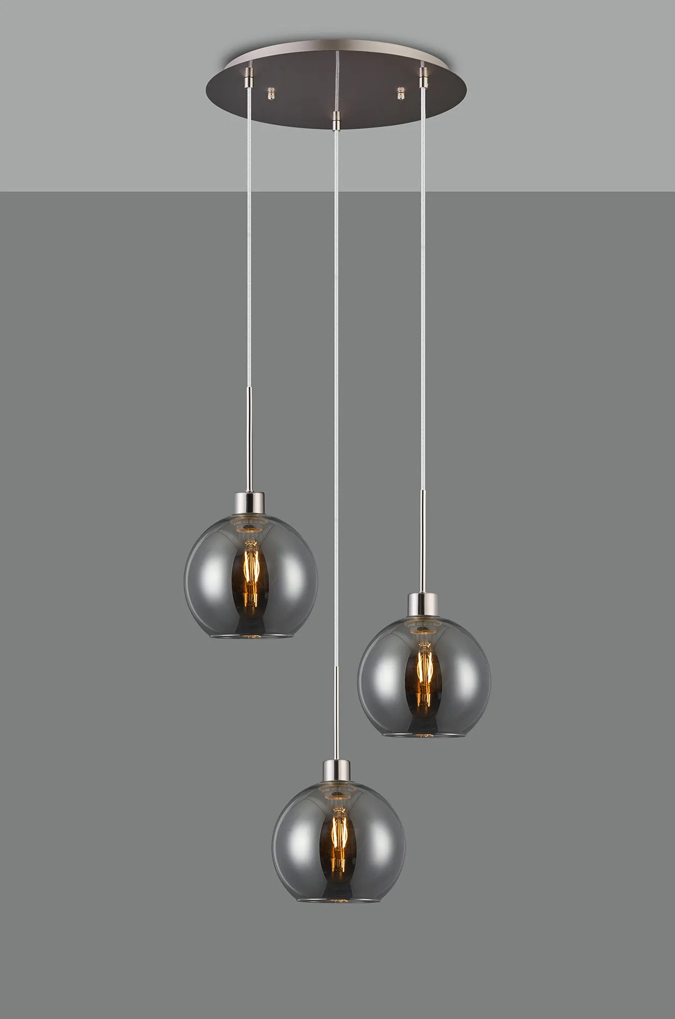 Lori 40cm Round Pendant, 3 Light Adjustable E27, Satin Nickel/Smoke Open Mouth Round Globe Shades DK1367  Deco Lori Satin Nickel